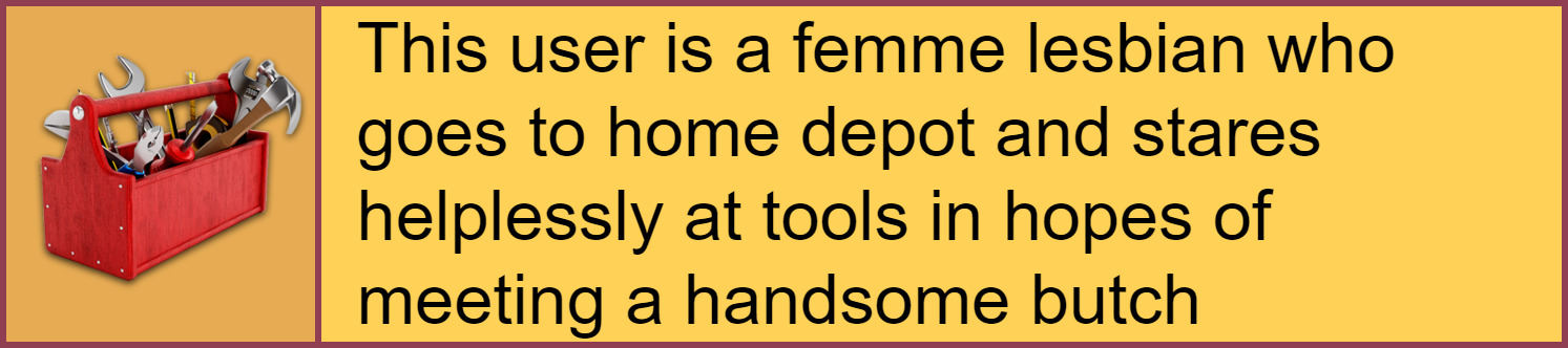 this user is a femme lesbian who goes to home depot and stares at helplessly at the tools in hopes of meeting a handsome butch userbox 